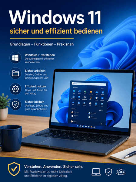 Titelbild zum Kurs „Windows 11 – sicher und effizient bedienen“ mit Laptop und Windows-11-Oberfläche, ergänzt durch die Themen Windows 11 verstehen, sicher arbeiten, effizient nutzen und sicher bleiben.