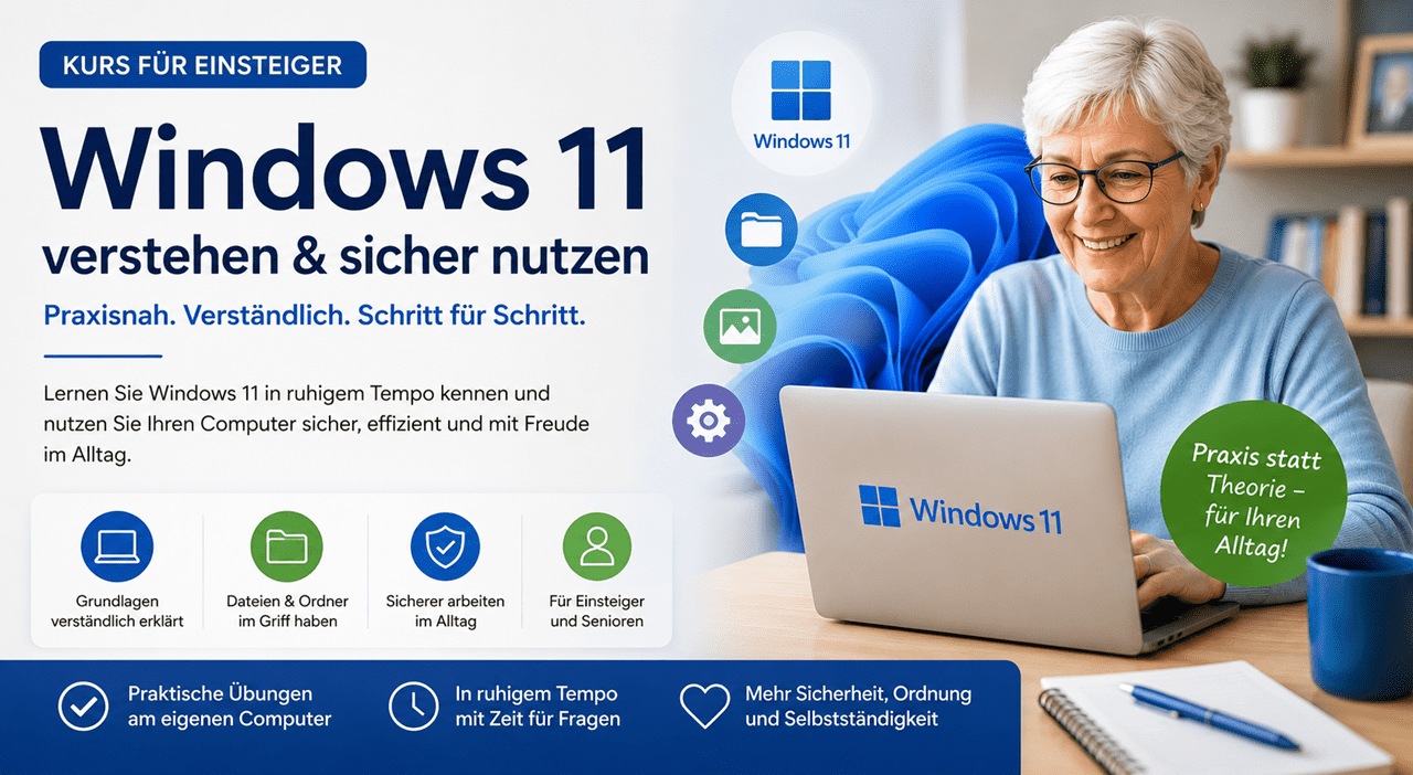 Hero-Banner für den Windows-11-Einsteigerkurs „Windows 11 verstehen & sicher nutzen“. Eine ältere Teilnehmerin arbeitet an einem Laptop; hervorgehoben werden die Vorteile des Kurses: verständlich erklärte Grundlagen, Dateien und Ordner organisieren, sicherer arbeiten, praktische Übungen am eigenen Computer, Lernen im ruhigen Tempo sowie mehr Sicherheit, Ordnung und Selbstständigkeit im digitalen Alltag.