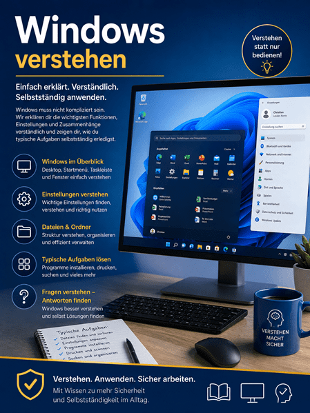 Titelbild zum Kurs „Windows verstehen“ mit Desktop-Computer und Windows-11-Oberfläche. Thematisiert werden Windows-Grundlagen, Einstellungen, Dateien und Ordner, typische Aufgaben sowie das selbstständige Lösen von Problemen.