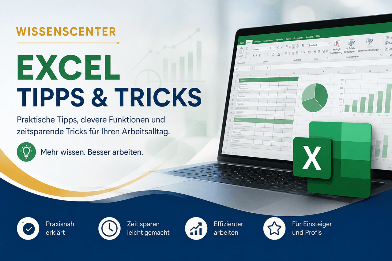 Hero-Banner für das Wissenscenter «Excel Tipps & Tricks» von Blattner Training & Consulting. Auf hellem Hintergrund mit den Unternehmensfarben Blau, Gold und Weiss zeigt das Banner einen Laptop mit einer geöffneten Microsoft-Excel-Tabelle, Diagrammen und dem Excel-Logo. Links befinden sich die Überschrift «WISSENSCENTER» sowie der Titel «Excel Tipps & Tricks» mit dem Hinweis auf praktische Tipps, clevere Funktionen und zeitsparende Tricks für den Arbeitsalltag. Das Banner vermittelt modernes, praxisnahes Lernen für Einsteiger und Profis.