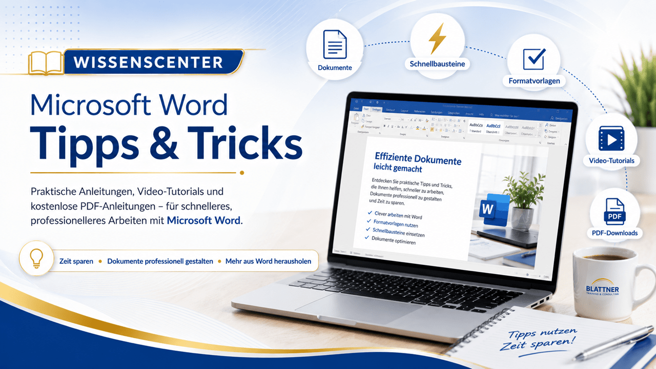Hero-Banner für Microsoft Word Tipps und Tricks von Blattner Training. Ein moderner Laptop mit geöffnetem Word-Dokument steht vor einem hellen Hintergrund in Blau, Gold und Weiss. Symbole für Dokumente, Video-Tutorials, PDF-Anleitungen und effizientes Arbeiten verdeutlichen praxisnahe Tipps für Microsoft Word.