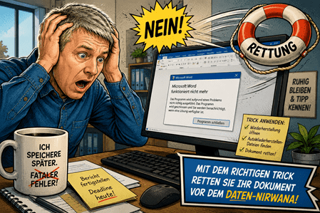 Word abgestürzt? So retten Sie Ihr Dokument! Jeder kennt diesen Moment: Sie arbeiten konzentriert an einem wichtigen Dokument, schreiben einen Bericht, erstellen eine Offerte oder überarbeiten eine Präsentation – und plötzlich stürzt Microsoft Word ab. Oder noch ärgerlicher: Beim Schliessen klicken Sie versehentlich auf „Nicht speichern“. Der erste Gedanke lautet meist: Alles verloren! Die gute Nachricht: In vielen Fällen ist das gar nicht so. Microsoft Word speichert im Hintergrund automatisch Sicherungskopien und bietet verschiedene Möglichkeiten, nicht gespeicherte Dokumente wiederherzustellen. Mit den richtigen Schritten können Sie Ihre Arbeit oft innerhalb weniger Minuten zurückholen.