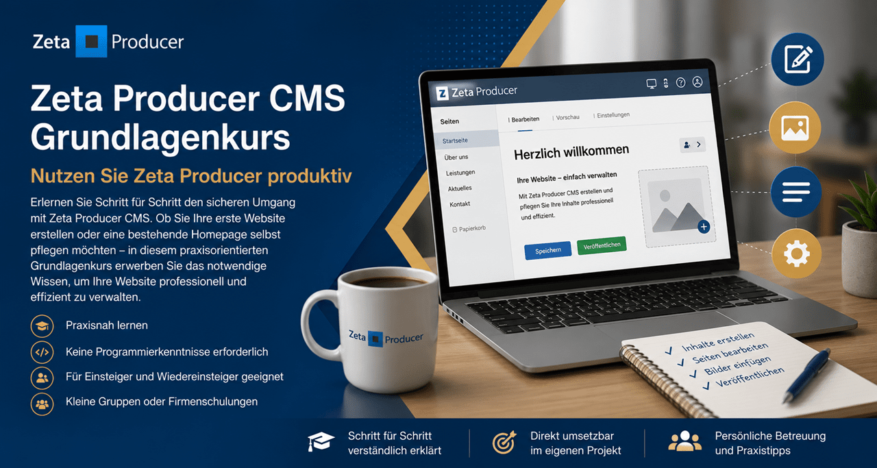 Hero-Banner für den Zeta Producer CMS Grundlagenkurs. Links befindet sich ein dunkelblauer Informationsbereich mit dem Titel „Zeta Producer CMS Grundlagenkurs“ und dem Untertitel „Nutzen Sie Zeta Producer produktiv“. Darunter werden die Kursvorteile hervorgehoben: praxisnah lernen, keine Programmierkenntnisse erforderlich, für Einsteiger und Wiedereinsteiger geeignet sowie kleine Gruppen oder Firmenschulungen. Rechts zeigt ein moderner Arbeitsplatz mit Laptop, auf dessen Bildschirm die Benutzeroberfläche von Zeta Producer CMS geöffnet ist. Daneben symbolisieren Icons das Bearbeiten von Inhalten, das Einfügen von Bildern, die Seitenstruktur und Einstellungen. Auf dem Schreibtisch stehen eine Tasse mit originalem Zeta Producer Logo sowie ein Notizblock mit einer Checkliste zu Website-Inhalten. Im oberen linken Bereich ist ebenfalls das originale Zeta Producer Logo integriert. Das Banner vermittelt professionelles Lernen, einfache Website-Verwaltung und praxisorientierte CMS-Schulungen.